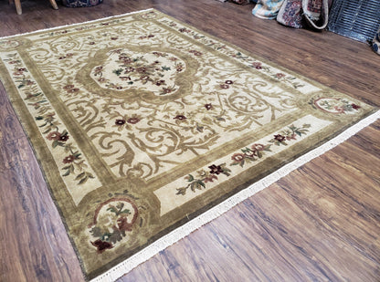 Vintage Nepali Tibetan Aubusson Rug 6x9, Wool Hand-Knotted Cream Beige Carpet, Leaves & Floral Pattern 6 x 9 Soft Area Rug Home Office Rug - Nuvé