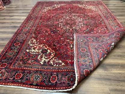 Persian Heriz Rug 7x10, Red and Navy, Geometric Medallion, Vintage Wool Carpet - Nuvé