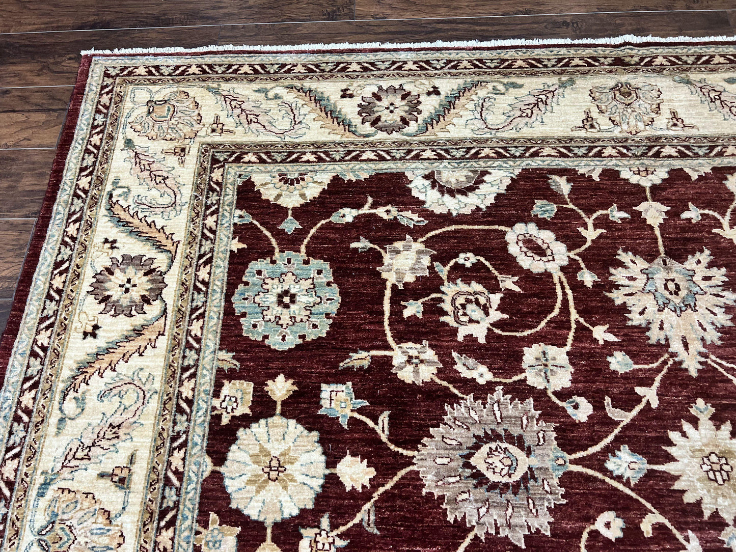 Peshawar Rug 9x11, Pakistani Oriental Carpet, Maroon and Beige, Floral Allover, Wool Hand Knotted Handmade Vintage Rug - Nuvé