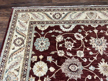 Peshawar Rug 9x11, Pakistani Oriental Carpet, Maroon and Beige, Floral Allover, Wool Hand Knotted Handmade Vintage Rug - Nuvé