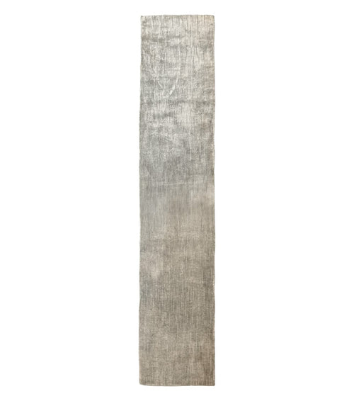 Modern Tibetan Runner Rug 1.9 x 8.6, Wool and Silk Highlights, Gray/Silver, Narrow Runner for Hallway or Kitchen