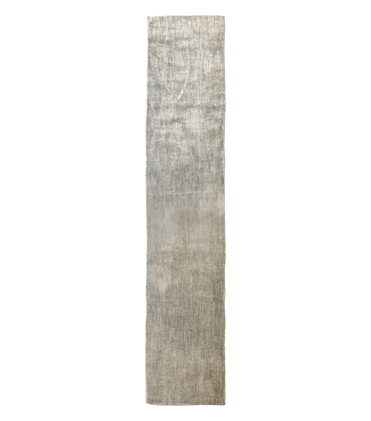 Modern Tibetan Runner Rug 1.9 x 8.6, Wool and Silk Highlights, Gray/Silver, Narrow Runner for Hallway or Kitchen