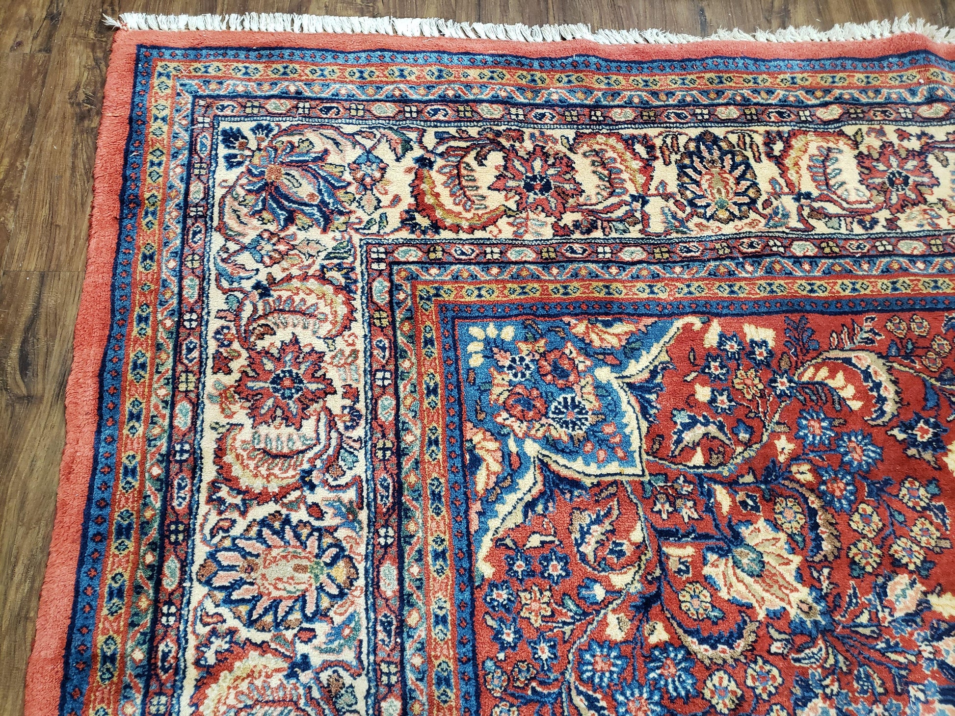 Semi Antique Persian Sarouk Rug 9x12,  Semi Open Field with Central Medallion, Hand Knotted Wool, Tomato Red, 9 x 12 Authentic Oriental Carpet - Nuvé
