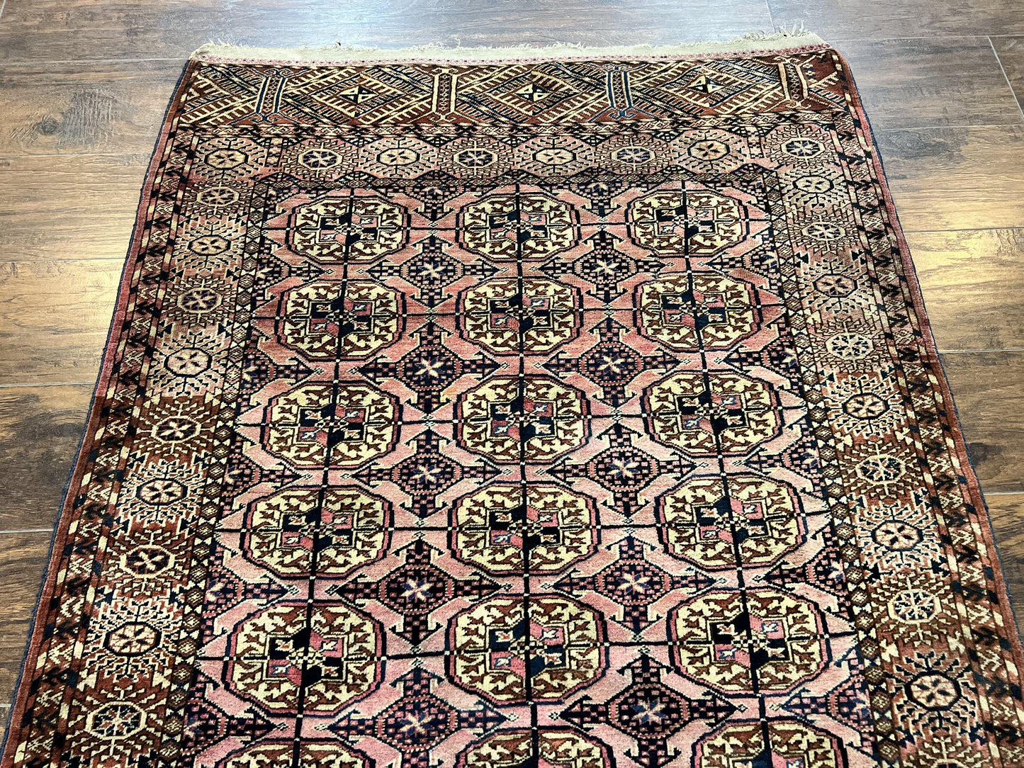 Persian Turkoman Rug 4x6, Wool Hand Knotted Antique Bokhara Carpet, Red Pink, Handmade Tribal Oriental Rug 4 x 6 ft - Nuvé