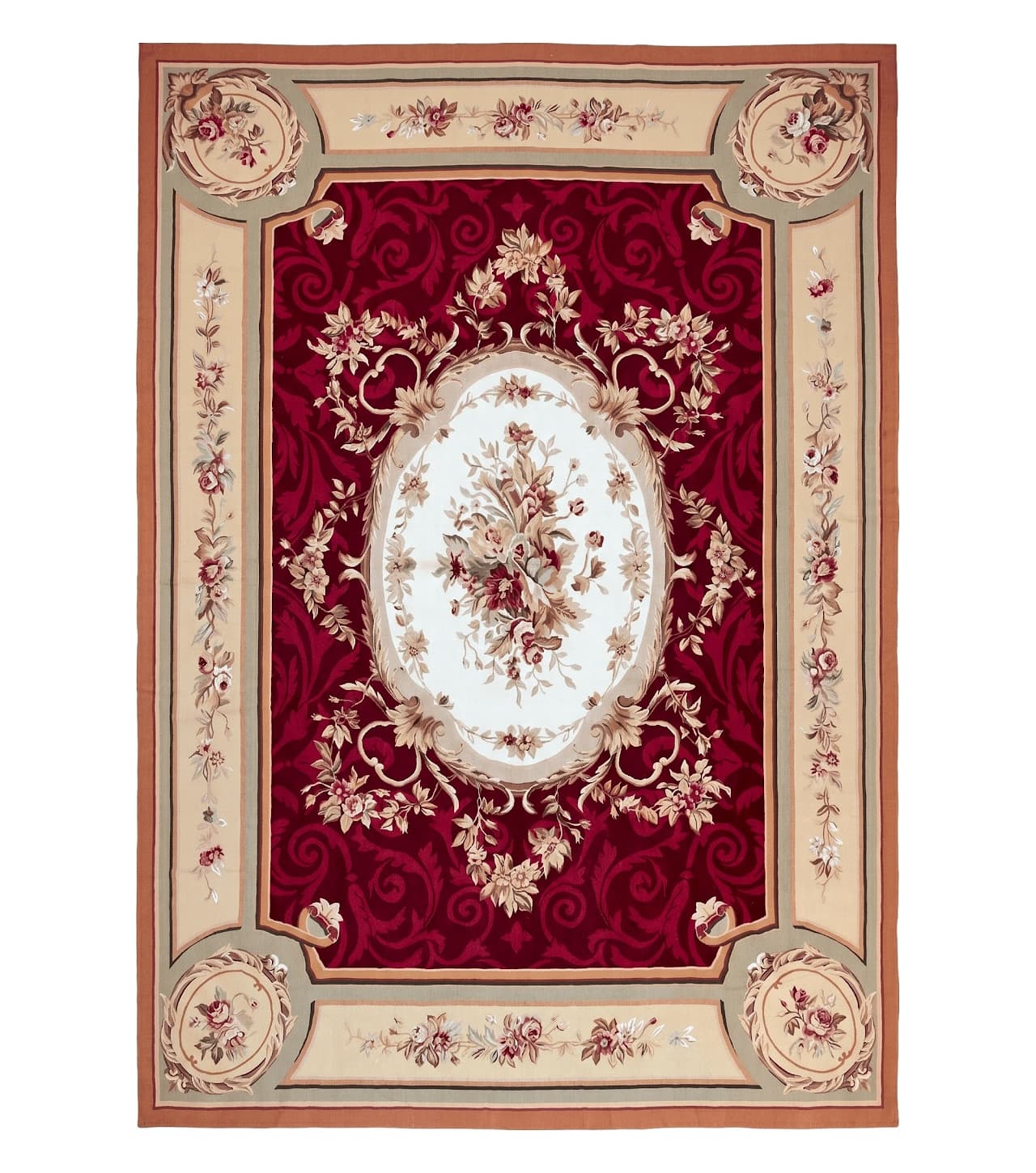 Large Aubusson Rug 10x14, Wool Handmade Vintage Carpet, Dark Red Ivory Tan, French European Elegant Aubusson Weave Rug