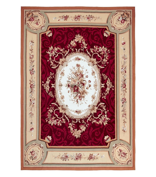 Large Aubusson Rug 10x14, Wool Handmade Vintage Carpet, Dark Red Ivory Tan, French European Elegant Aubusson Weave Rug