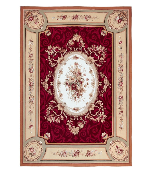 Large Aubusson Rug 10x14, Wool Handmade Vintage Carpet, Dark Red Ivory Tan, French European Elegant Aubusson Weave Rug
