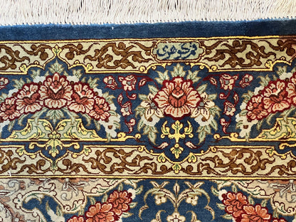 Magnificent Persian Qum Silk Rug 3x5, Blue, Super Fine 675 KPSI - 70 Raj, Floral Roses, Handmade Vintage Silk Carpet, Masterpiece - Nuvé