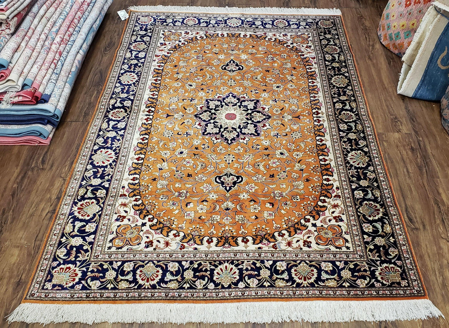 Vintage Persian Qum Silk Rug 4.6 x 6.7, Burnt Orange and Navy Blue, Antique Oriental Very Fine Signature Master Weaver 350+ KPSI Ghom Qom 5x7 Rug - Nuvé