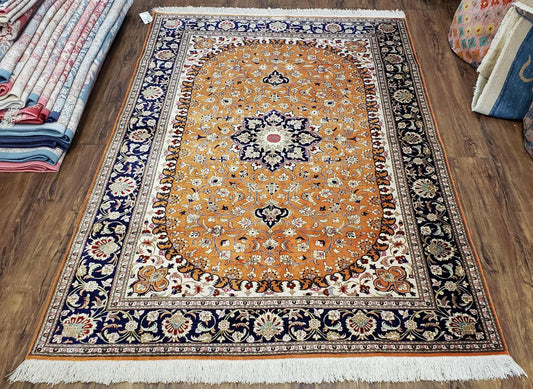 Vintage Persian Qum Silk Rug 4.6 x 6.7, Burnt Orange and Navy Blue, Antique Oriental Very Fine Signature Master Weaver 350+ KPSI Ghom Qom 5x7 Rug - Nuvé