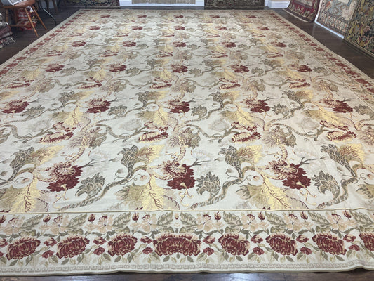 Extra Large Needlepoint Rug 14 x 20, Vintage Handwoven Handmade Wool Flatweave Carpet, Allover Floral Pattern, Elegant European Deisgn Rug - Nuvé