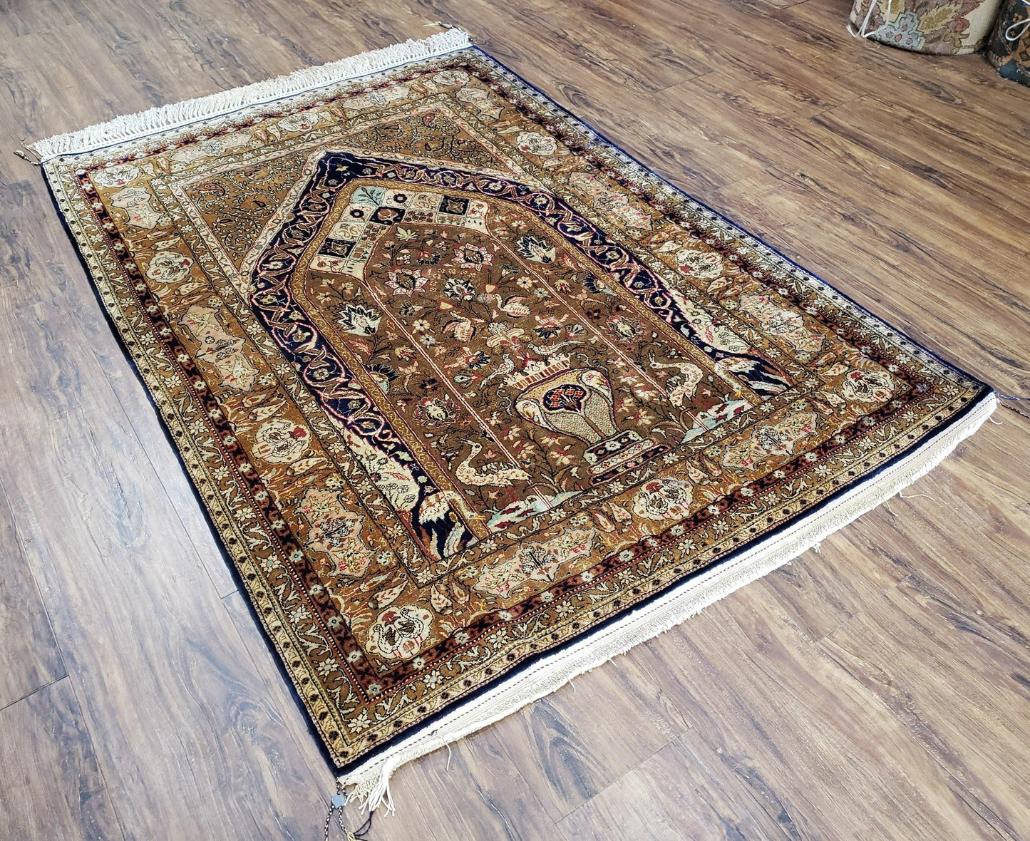 Semi Antique Persian Qum Silk Prayer Rug, Silk, Hand-Knotted, 3'6" x 5' - Nuvé