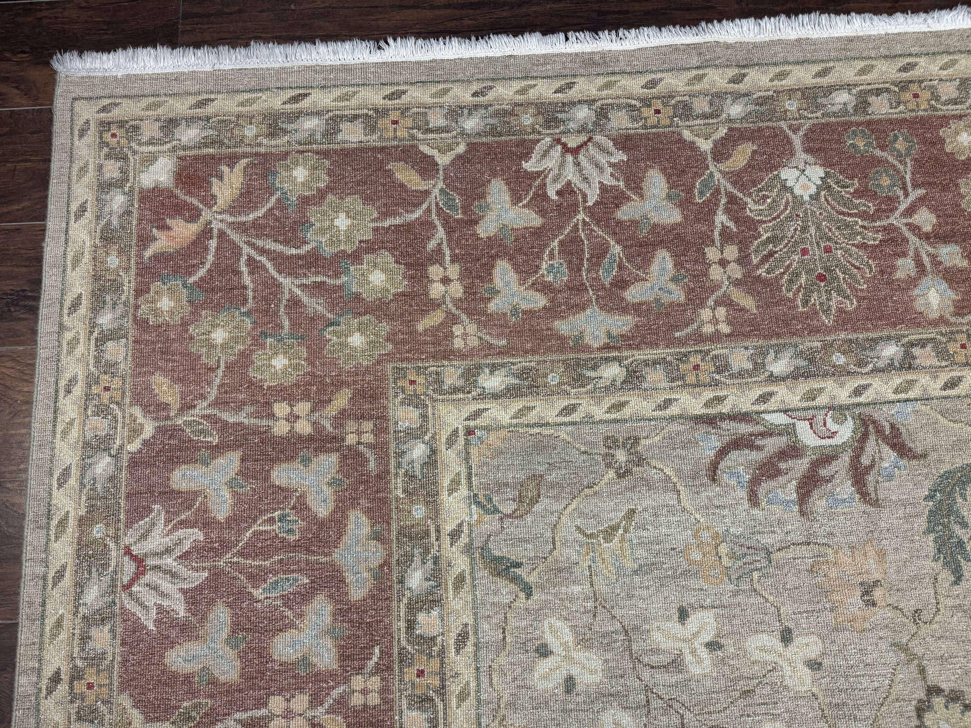 Large Turkish Soumak Rug 10x14, Flatweave Dhurrie, Handmade, Light Green and Salmon - Nuvé