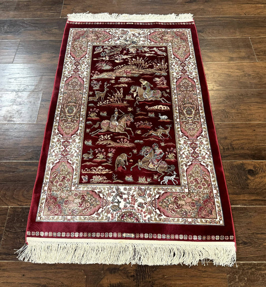Dark Red Turkish Silk Rug 2.6 x 4, Hunting Design Scene, Bamboo Silk - Nuvé