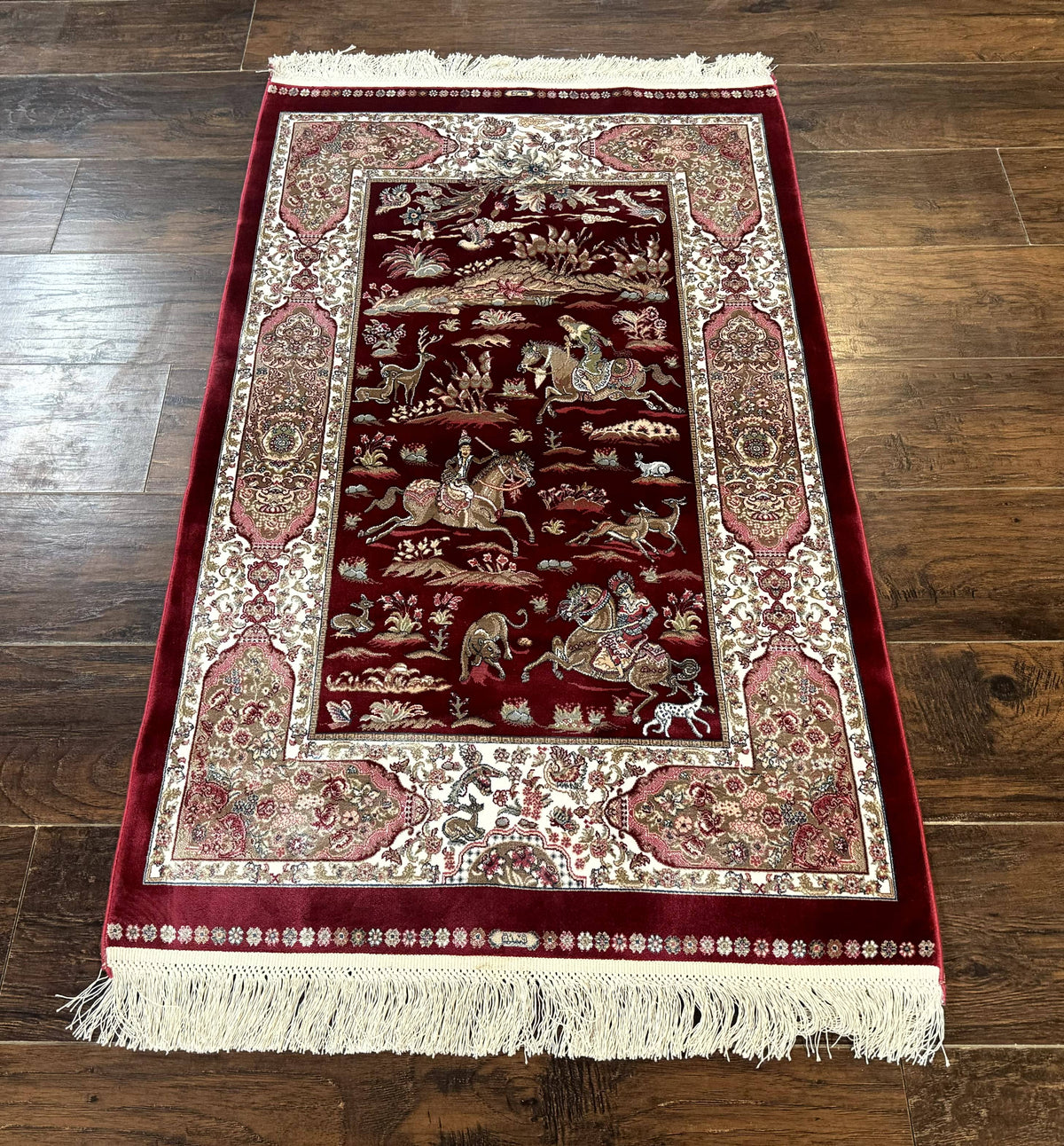 Dark Red Turkish Silk Rug 2.6 x 4, Hunting Design Scene, Bamboo Silk