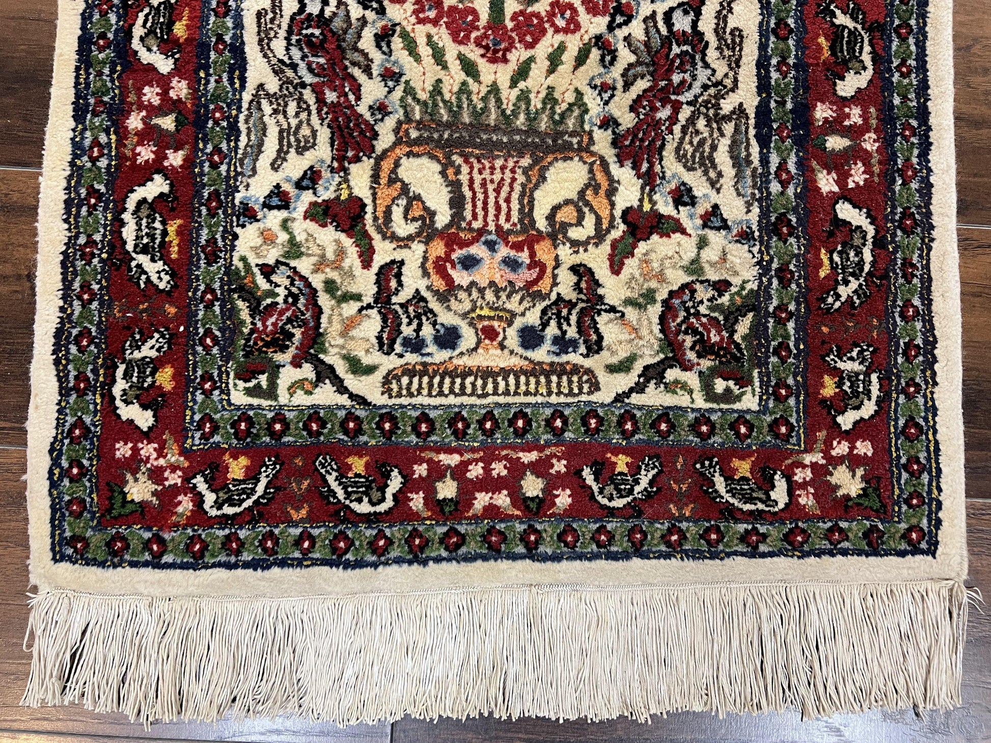 Small Indo Persian Rug 2x3 ft, Wool with Silk Highlights, Animal Pictorial Motifs Birds Vase Flowers, Cream and Maroon, Hand Knotted Fine - Nuvé
