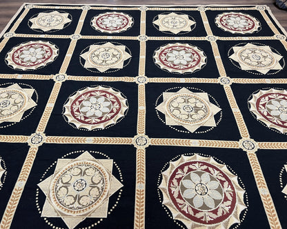 Large Needlepoint Rug 10x13, Panel Design, Black and Beige, Wool Needlepoint Carpet 10 x 13, English Garden, Handwoven Area Rug, Living Room - Nuvé