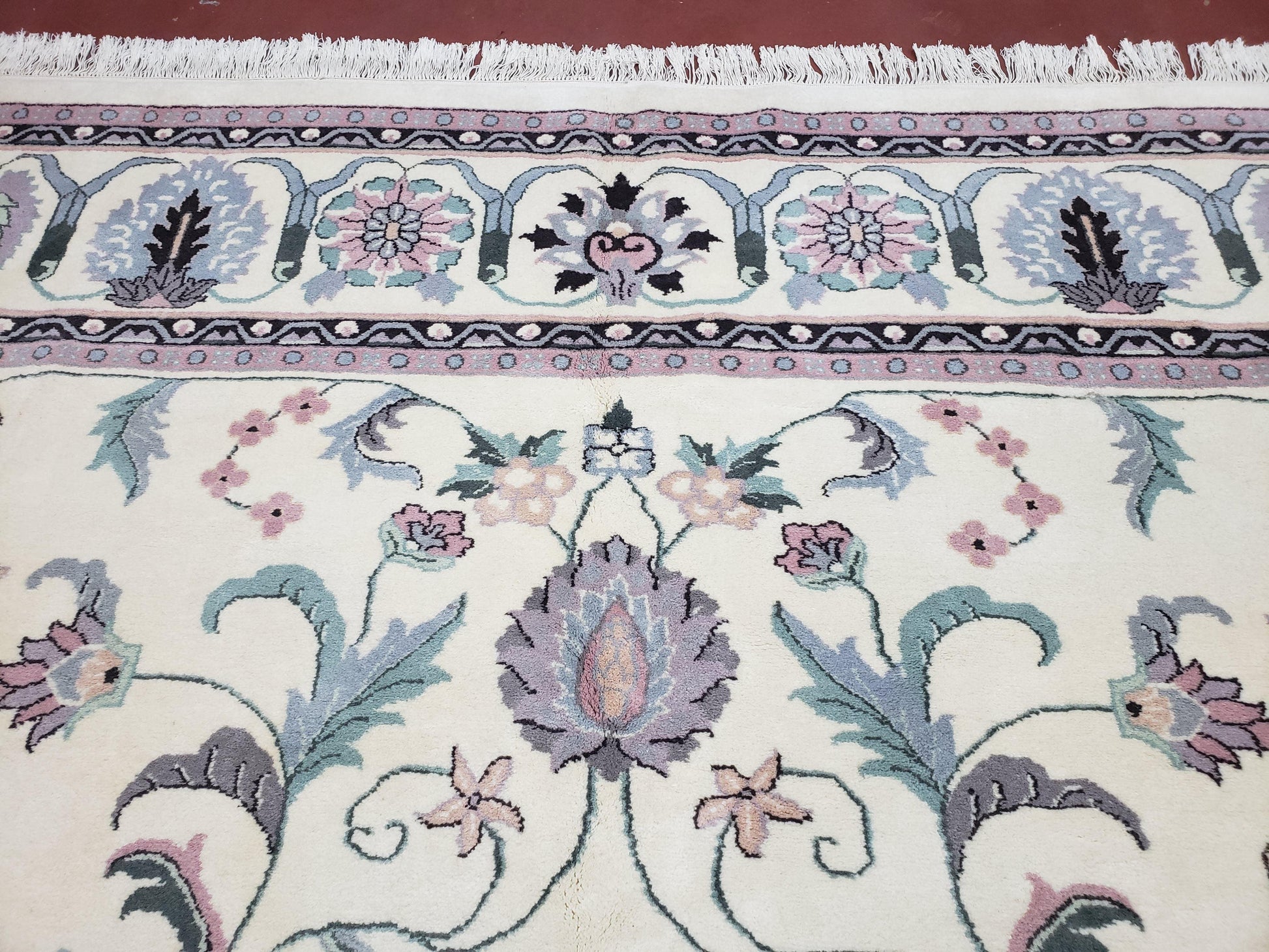 Ivory & Teal Indo Persian Area Rug 9x12, Wool Hand-Knotted Oriental Carpet, 9 x 12 Soft Traditional Living Room Rug, Dining Room Rug - Nuvé