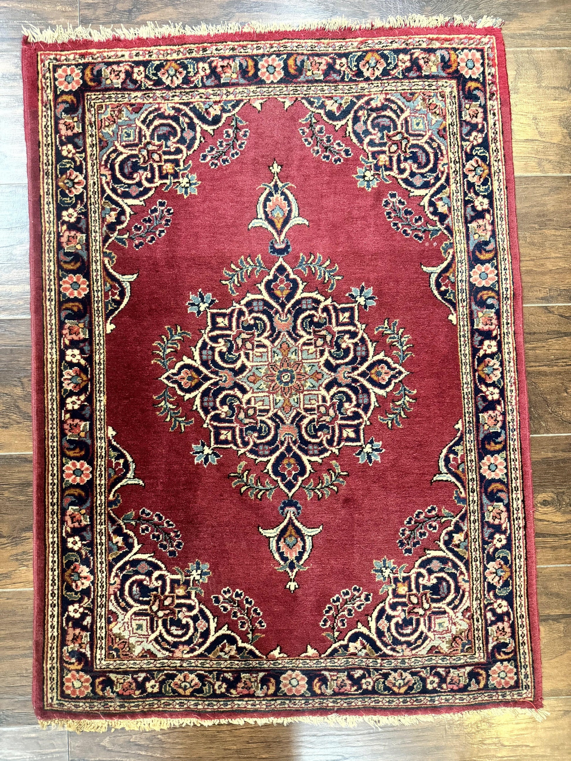Small Persian Kashan Rug 2x3, Red and Navy Blue, Handmade Vintage Wool Semi Antique Persian Carpet, Semi Open Field, Pair B - Nuvé