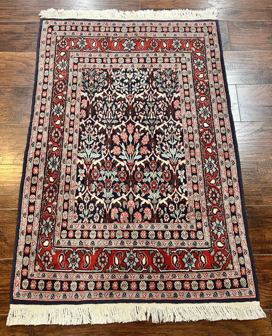 Pak Persian Rug 3x4, Wool Hand Knotted Vintage Traditional Carpet, Navy Blue & Red, Very Fine Small Handmade Floral Rug - Nuvé