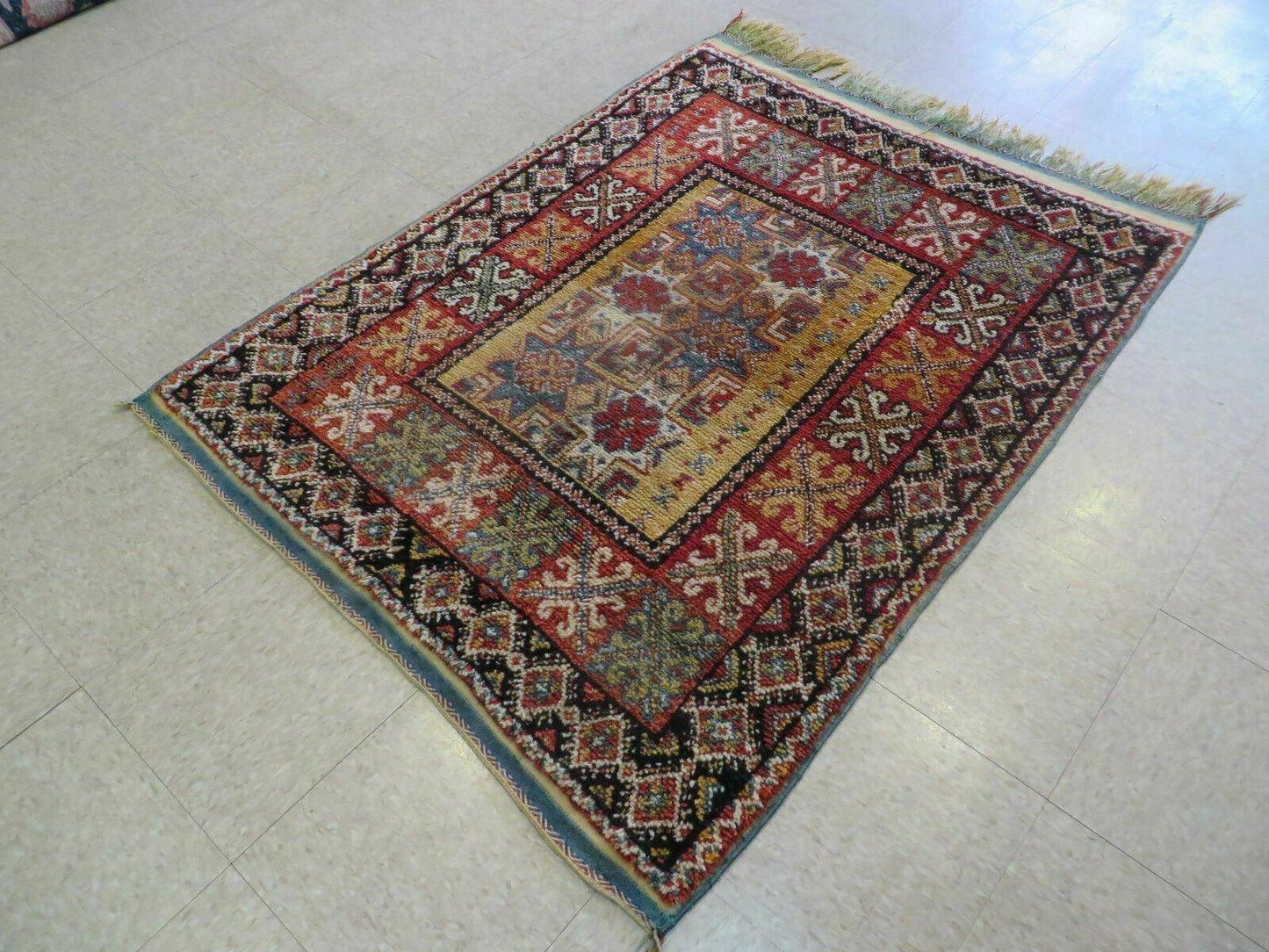 Vintage Moroccan Rug 4x5 ft, Bronze Red Black, Geometric Stars, High Quality Moroccan Carpet, Berber Rug, Handmade Wool Area Rug, Unique Rug - Nuvé