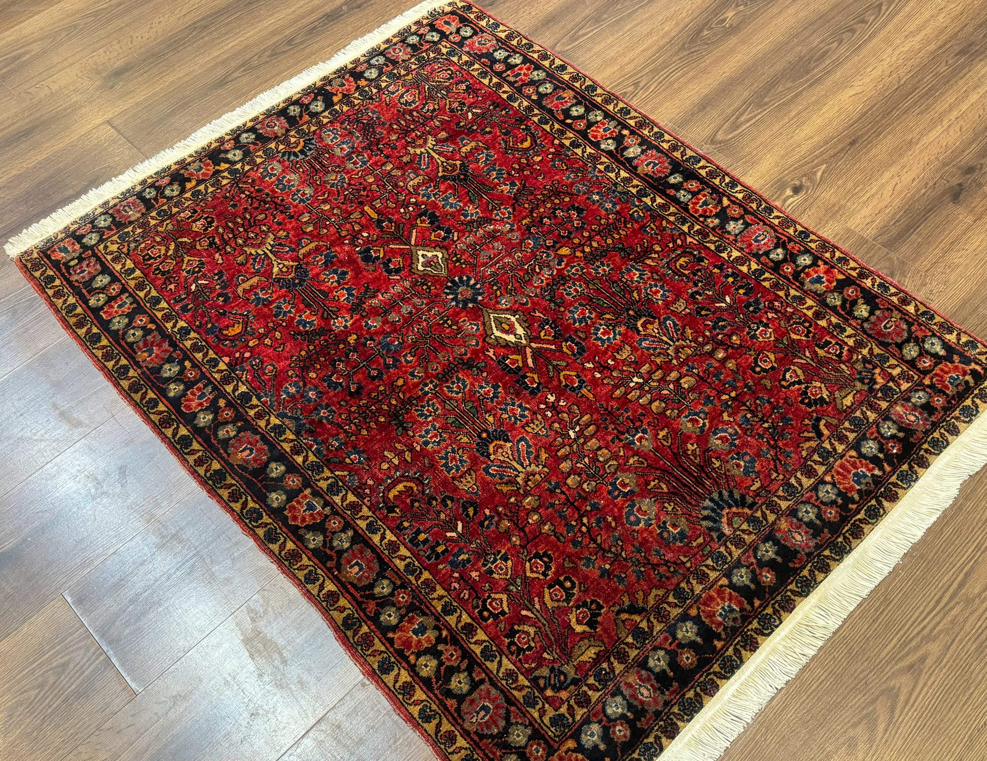 Antique Persian Sarouk Rug 3x4, Red, Floral, 1920s Wool Rug - Nuvé
