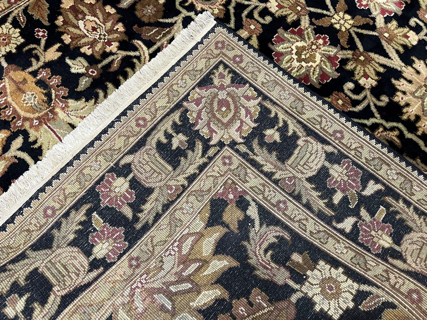 Indo Mahal Sultanabad Rug 8x11, Vintage Indian Oriental Carpet, Wool Handmade Floral Rug 8 x 11 ft, Black Beige Tan, Large Flowers Allover - Nuvé