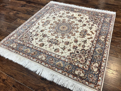 Sino Persian Square Rug 5x5, Very Fine Oriental Carpet, Wool & Silk Highlights, Ivory, Hand Knotted Handmade Vintage Traditional Rug - Nuvé