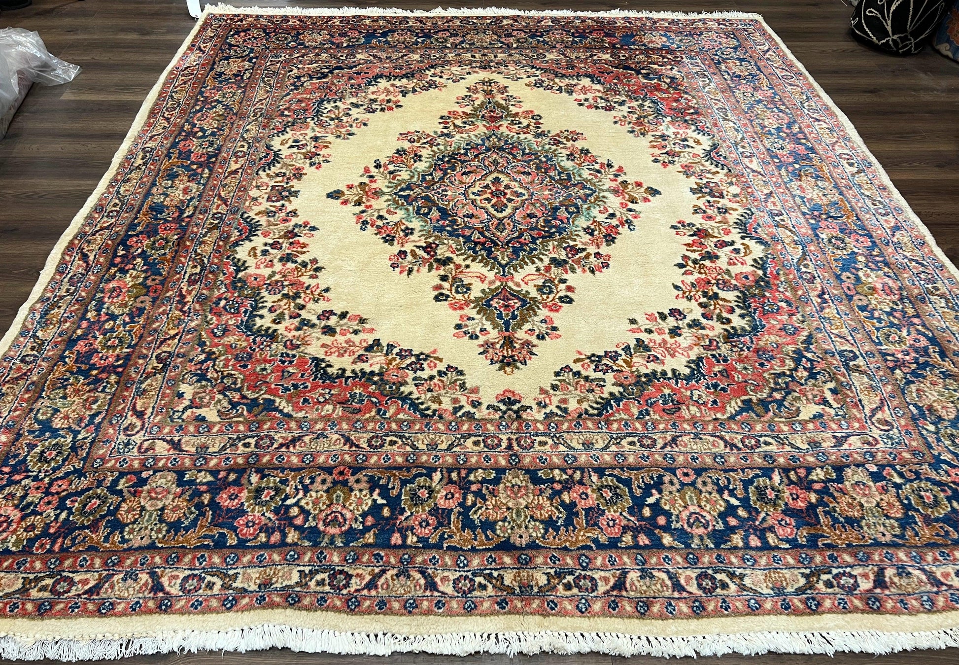 Persian Rug 9x10, Hamadan Rug, Antique Oriental Carpet, Wool Rug, Semi Open Field, Cream and Navy Blue, Kirman Design Hand Knotted Almost Square Rug - Nuvé