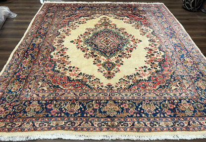 Persian Rug 9x10, Hamadan Rug, Antique Oriental Carpet, Wool Rug, Semi Open Field, Cream and Navy Blue, Kirman Design Hand Knotted Almost Square Rug - Nuvé
