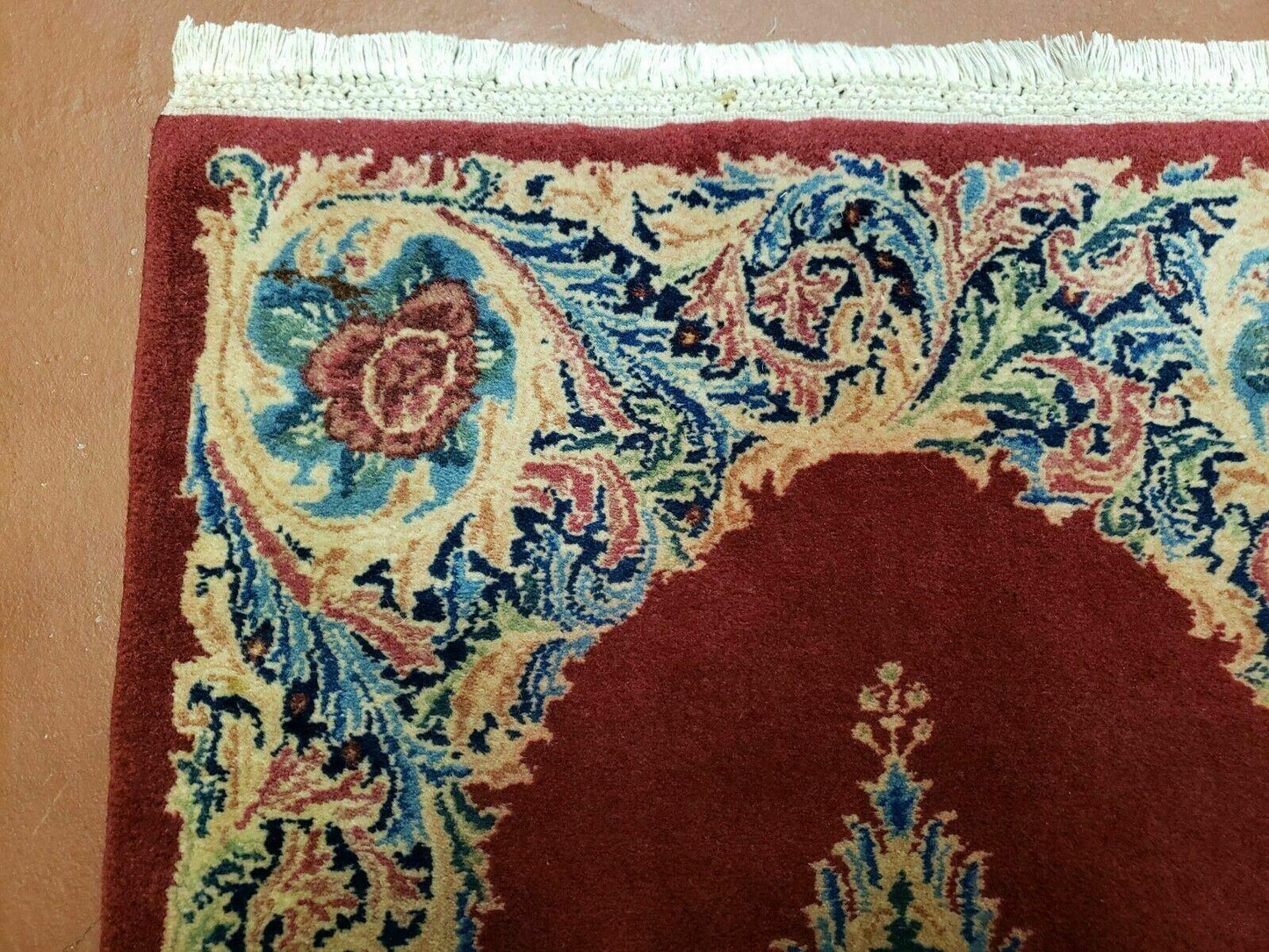 Small Persian Kirman Rug 2x4, Wool Oriental Vintage Handmade Carpet, Hand Knotted Floral Medallion, Red & Beige, Semi Open Field - Nuvé