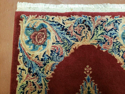 Small Persian Kirman Rug 2x4, Wool Oriental Vintage Handmade Carpet, Hand Knotted Floral Medallion, Red & Beige, Semi Open Field