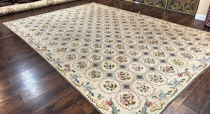 Needlepoint Rug 10x14, Wool Handmade Vintage Needlepoint Carpet, Floral Panel Design, Ivory/Cream - Nuvé