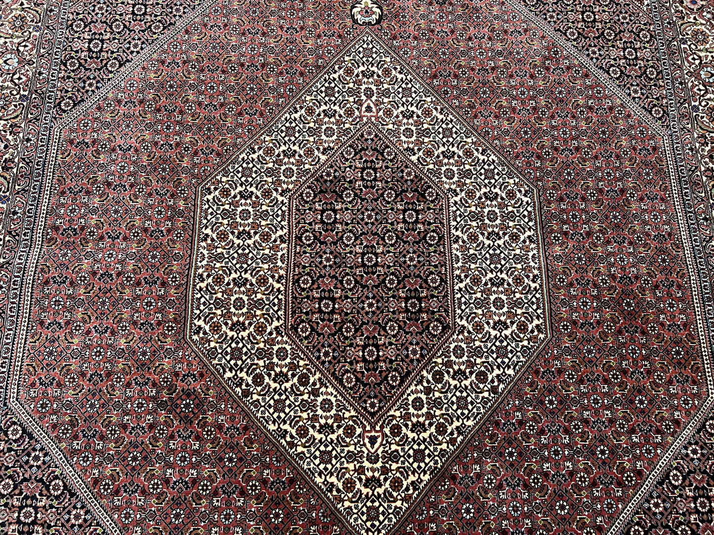 Wonderful Persian Bidjar Rug 7x8 ft, Almost Square Oriental Carpet, Herati Mahi, Highly Detailed, Ivory Red Navy Blue, Very Fine Handmade Bijar Rug - Nuvé
