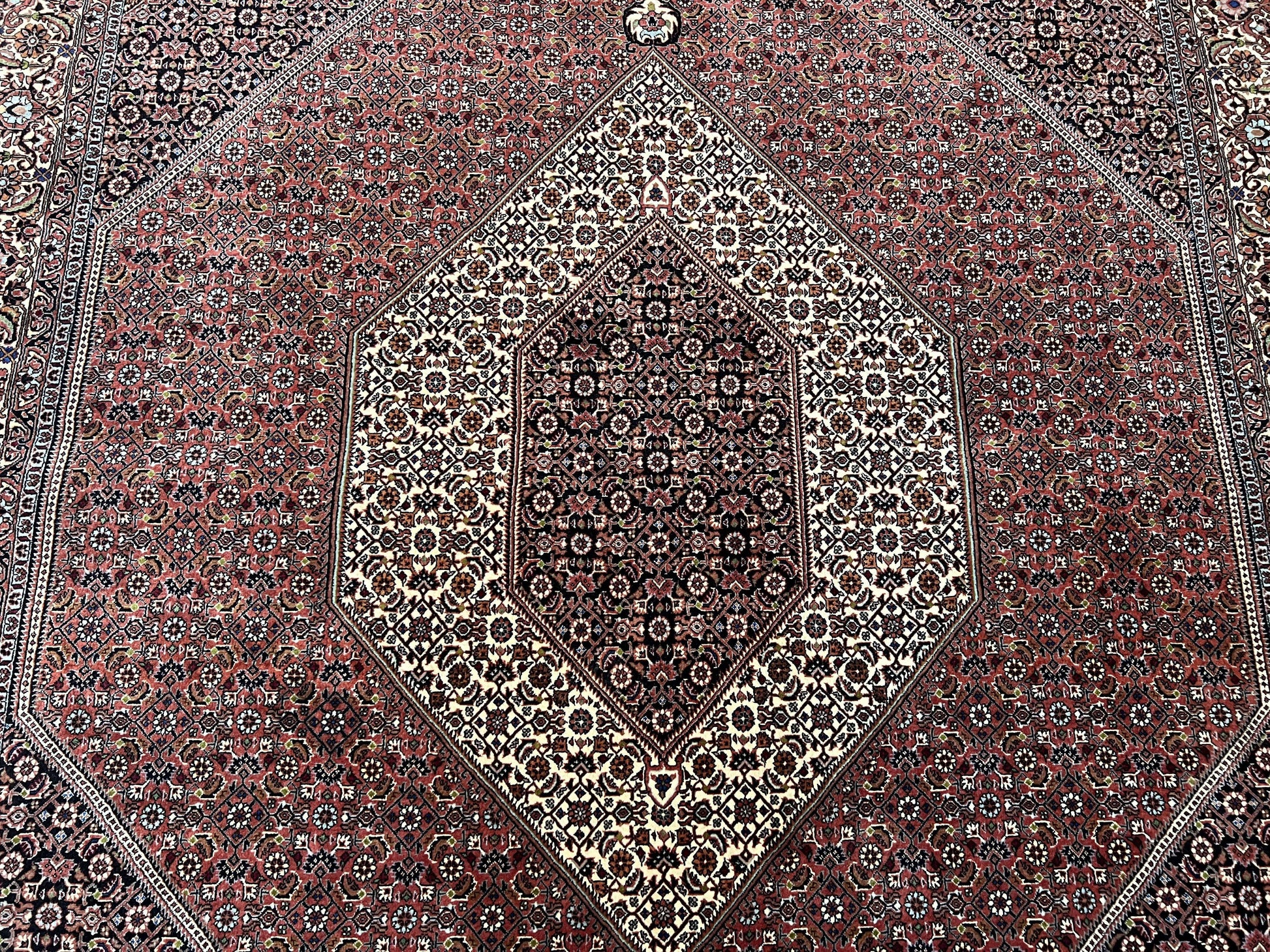 Wonderful Persian Bidjar Rug 7x8 ft, Almost Square Oriental Carpet, Herati Mahi, Highly Detailed, Ivory Red Navy Blue, Very Fine Handmade Bijar Rug - Nuvé