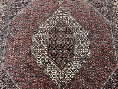Wonderful Persian Bidjar Rug 7x8 ft, Almost Square Oriental Carpet, Herati Mahi, Highly Detailed, Ivory Red Navy Blue, Very Fine Handmade Bijar Rug - Nuvé