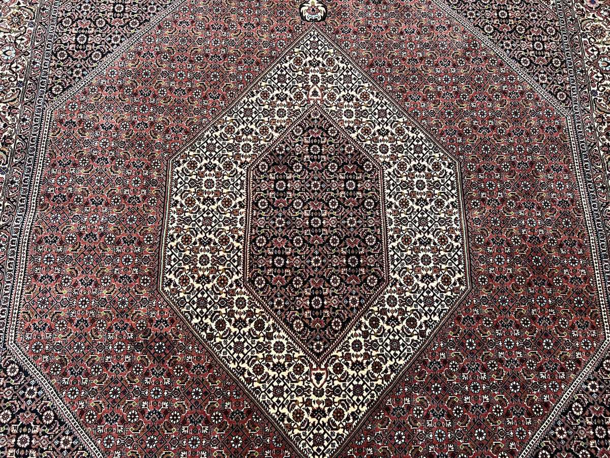 Wonderful Persian Bidjar Rug 7x8 ft, Almost Square Oriental Carpet, Herati Mahi, Highly Detailed, Ivory Red Navy Blue, Very Fine Handmade Bijar Rug