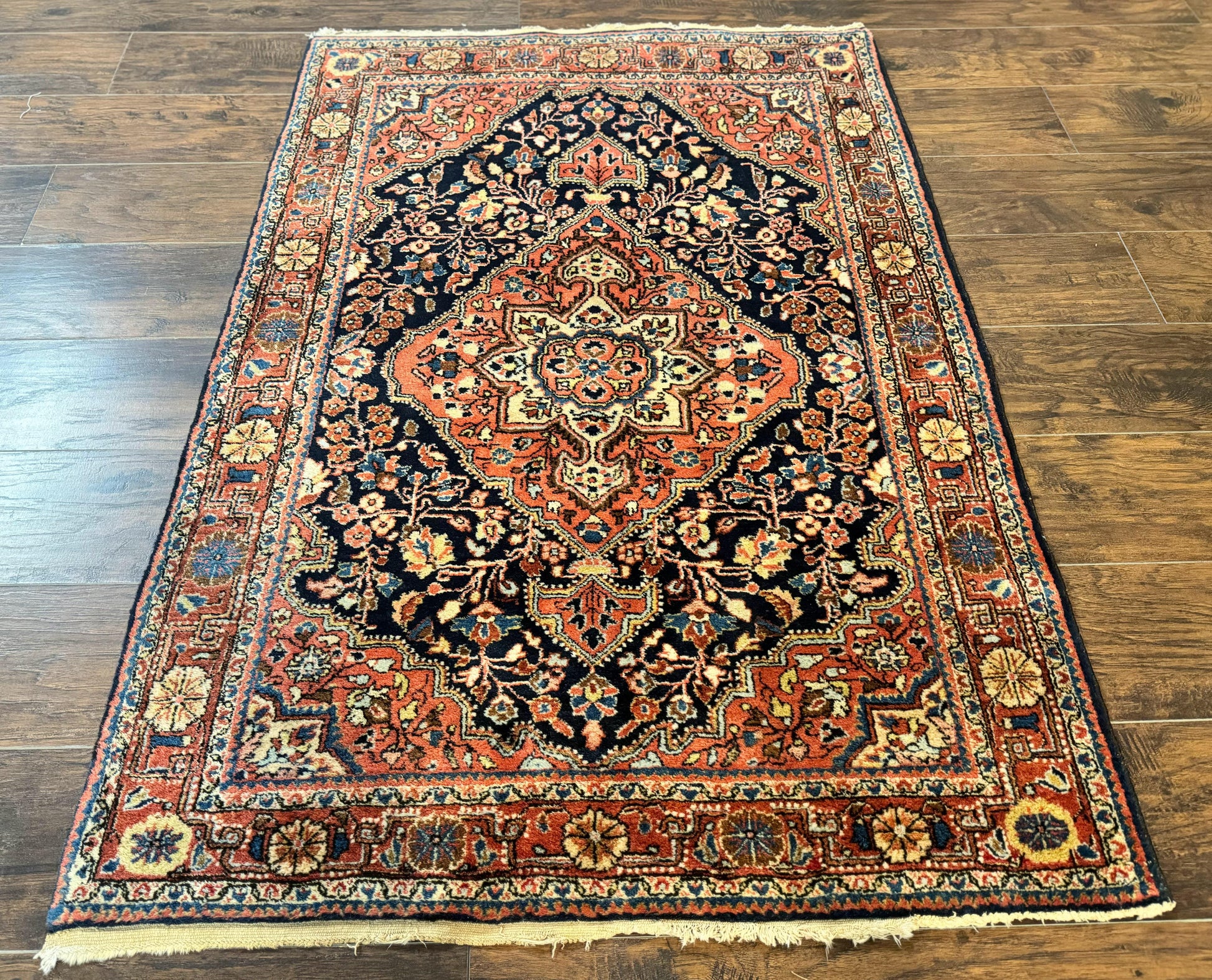 Persian Sarouk Rug 3.6 x 5, Medallion Rug, Red and Midnight Blue, Handmade Semi Antique Vintage Wool Carpet - Nuvé