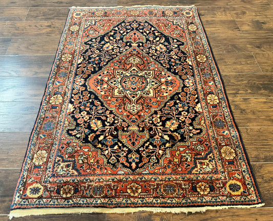 Persian Sarouk Rug 3.6 x 5, Medallion Rug, Red and Midnight Blue, Handmade Semi Antique Vintage Wool Carpet - Nuvé