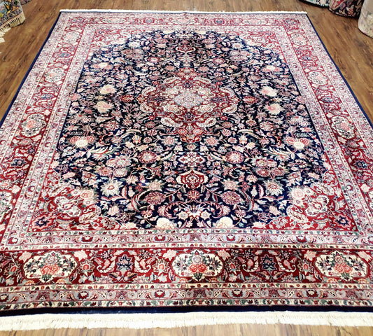 Vintage Dark Blue Persian Room Sized Rug 8x10, Wool & Silk Highlights Hand-Knotted Midnight Blue Red Floral Carpet, 8 x 10 Living Room Rug - Nuvé