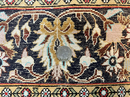 Silk Persian Qum Rug 4x5, Hand Knotted Vintage Carpet, Cream & Navy Blue, Silk Pile on Silk Foundation, Very Fine 360 KPSI - Nuvé