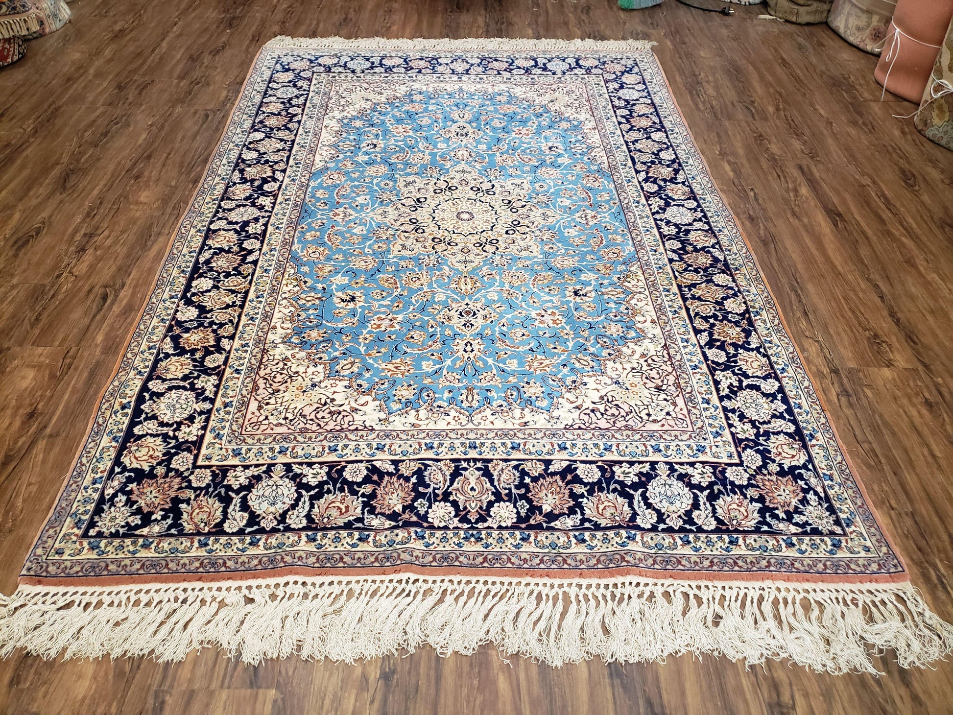 Persian Isfahan Rug, Kork Wool on Silk Foundation, Sky Blue, Hand-Knotted, 5' 1" x 7' 8" - Nuvé