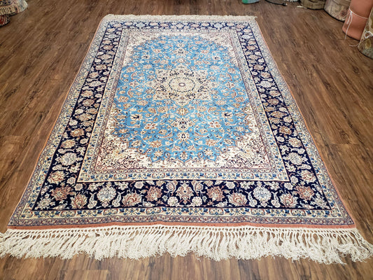 Persian Isfahan Rug, Kork Wool on Silk Foundation, Sky Blue, Hand-Knotted, 5' 1" x 7' 8" - Nuvé