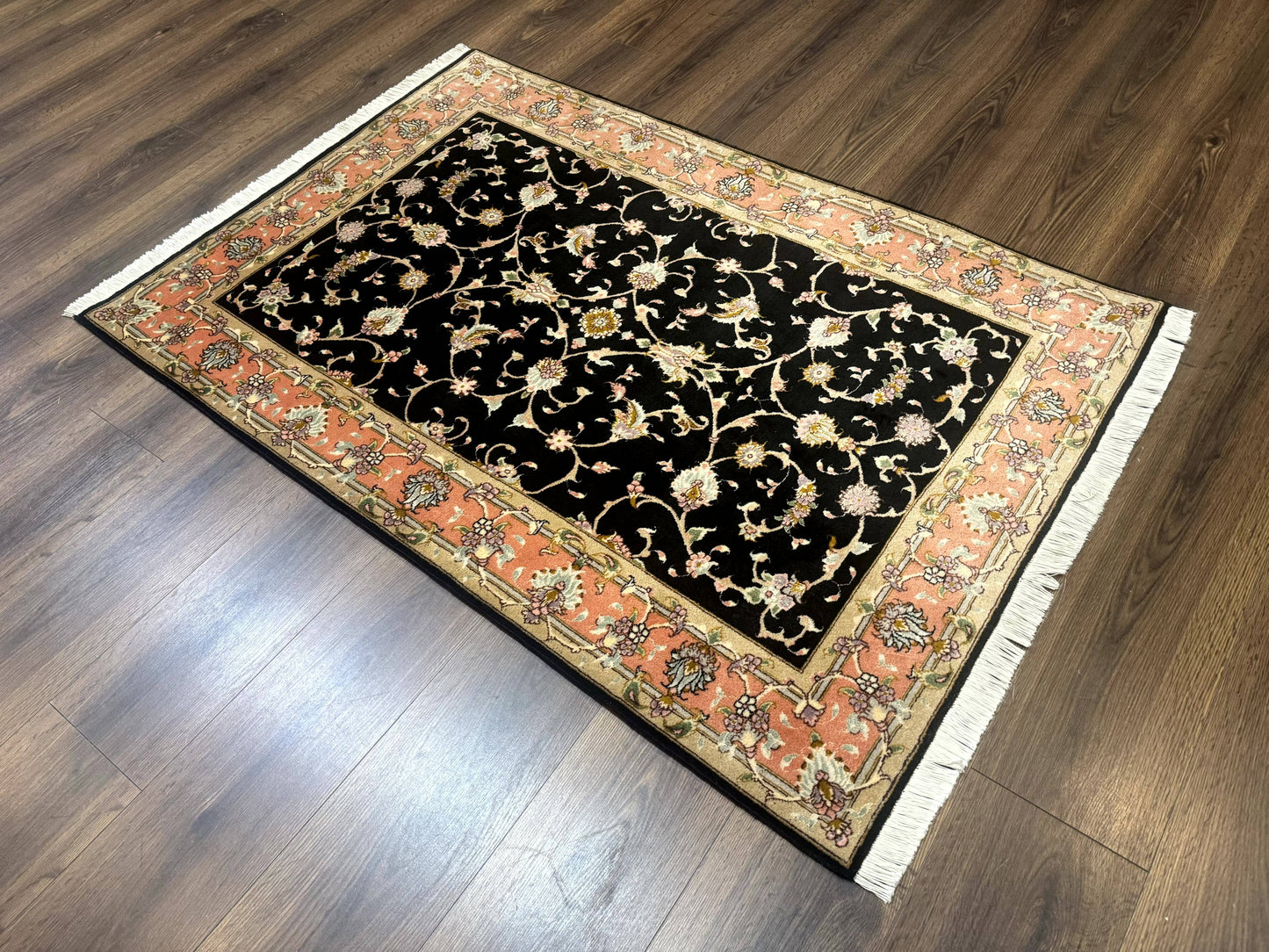 Persian Tabriz Rug 3x5 Black and Salmon Floral Fine Handmade 360 KPSI - Nuvé