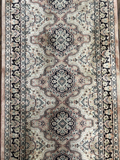 Silk Kashmiri Runner 2.7 x 10 ft Vintage Rug, Ivory Pastel Pink, Hand-Knotted Vintage Runner, Hallway Carpet, Indian Rug Medallion Runner