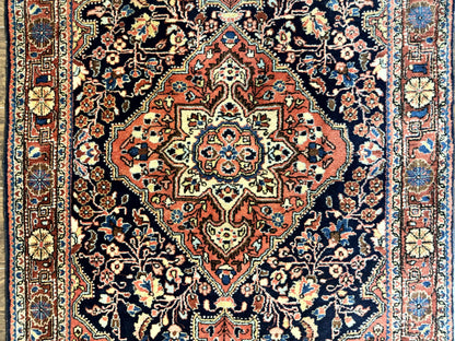 Persian Sarouk Rug 3.6 x 5, Medallion Rug, Red and Midnight Blue, Handmade Semi Antique Vintage Wool Carpet - Nuvé