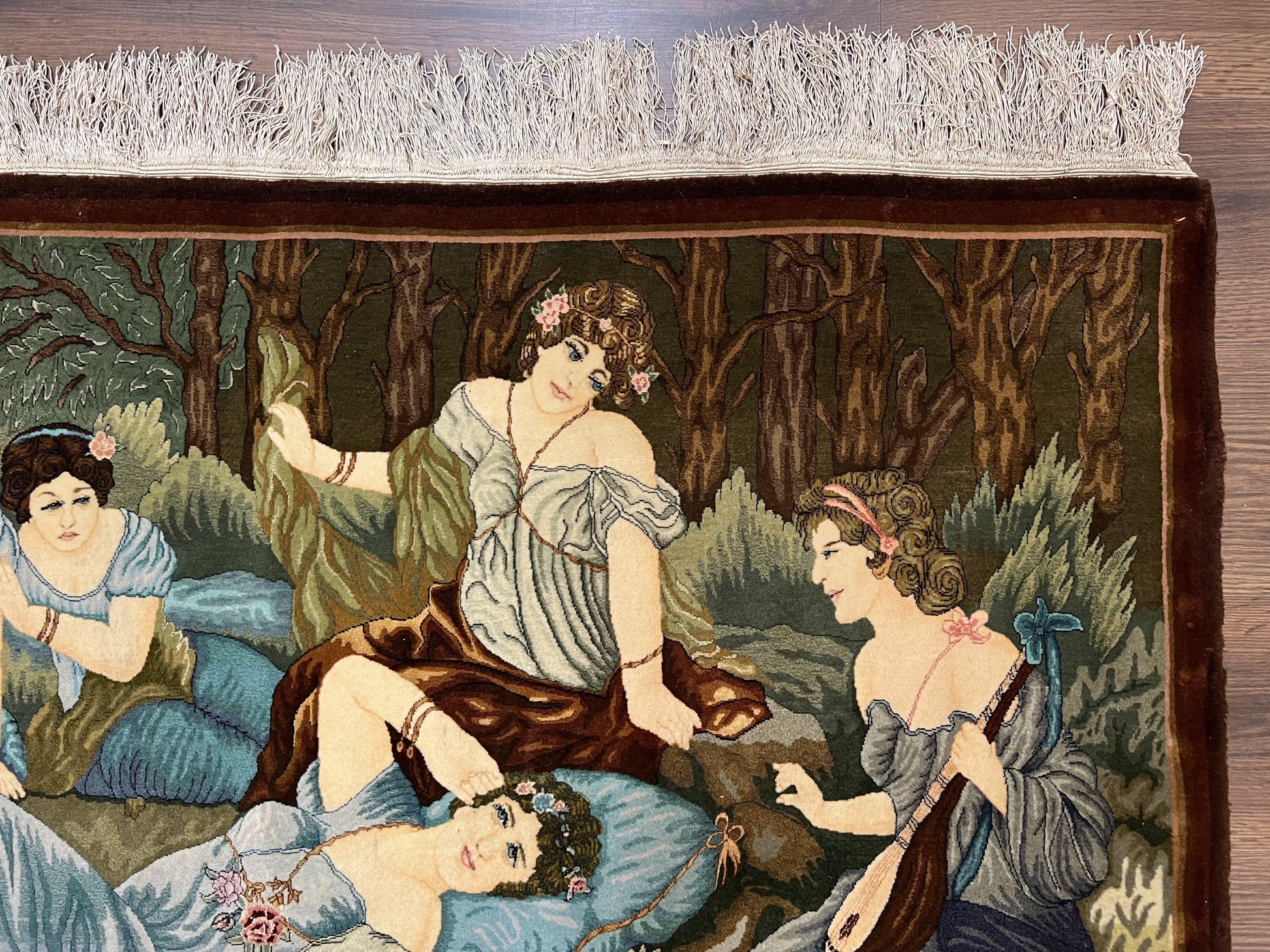 Persian Tabriz Pictorial Rug 5x3, Women Laying By River, Super Fine 60 Raj 480+ KPSI, Hand Knotted Wool Rug, Semi Antique Vintage Oriental Carpet - Nuvé