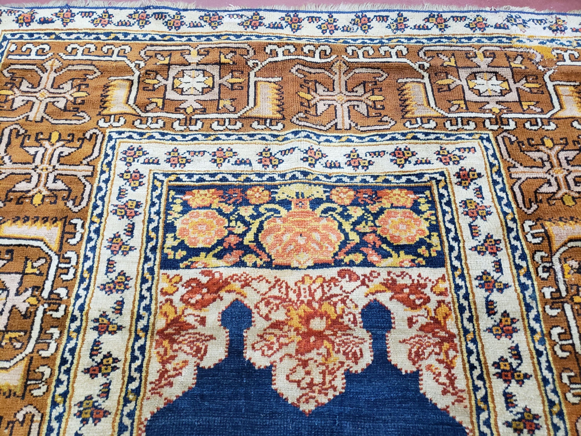Antique Turkish Anatolian Ghiordes Prayer Rug, Twin Mihrabs, Rare Collectible Oriental Rug, Early 20th Century Prayer Rug, 3'9" x 5'2" - Nuvé