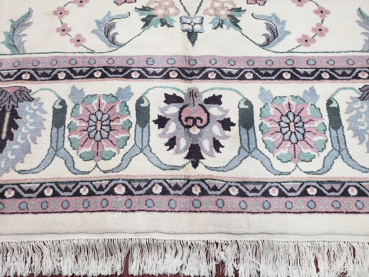 Ivory & Teal Indo Persian Area Rug 9x12, Wool Hand-Knotted Oriental Carpet, 9 x 12 Soft Traditional Living Room Rug, Dining Room Rug - Nuvé