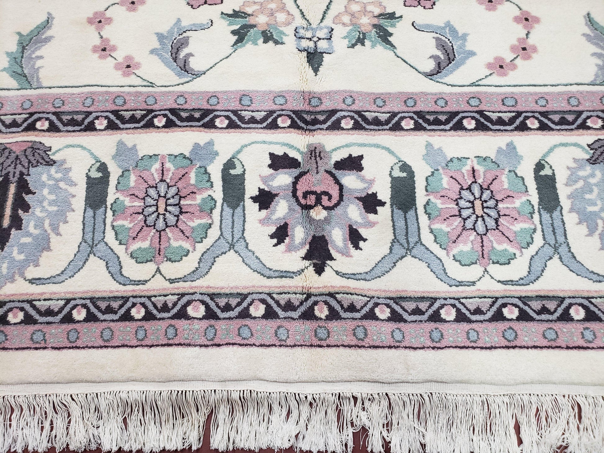 Ivory & Teal Indo Persian Area Rug 9x12, Wool Hand-Knotted Oriental Carpet, 9 x 12 Soft Traditional Living Room Rug, Dining Room Rug - Nuvé